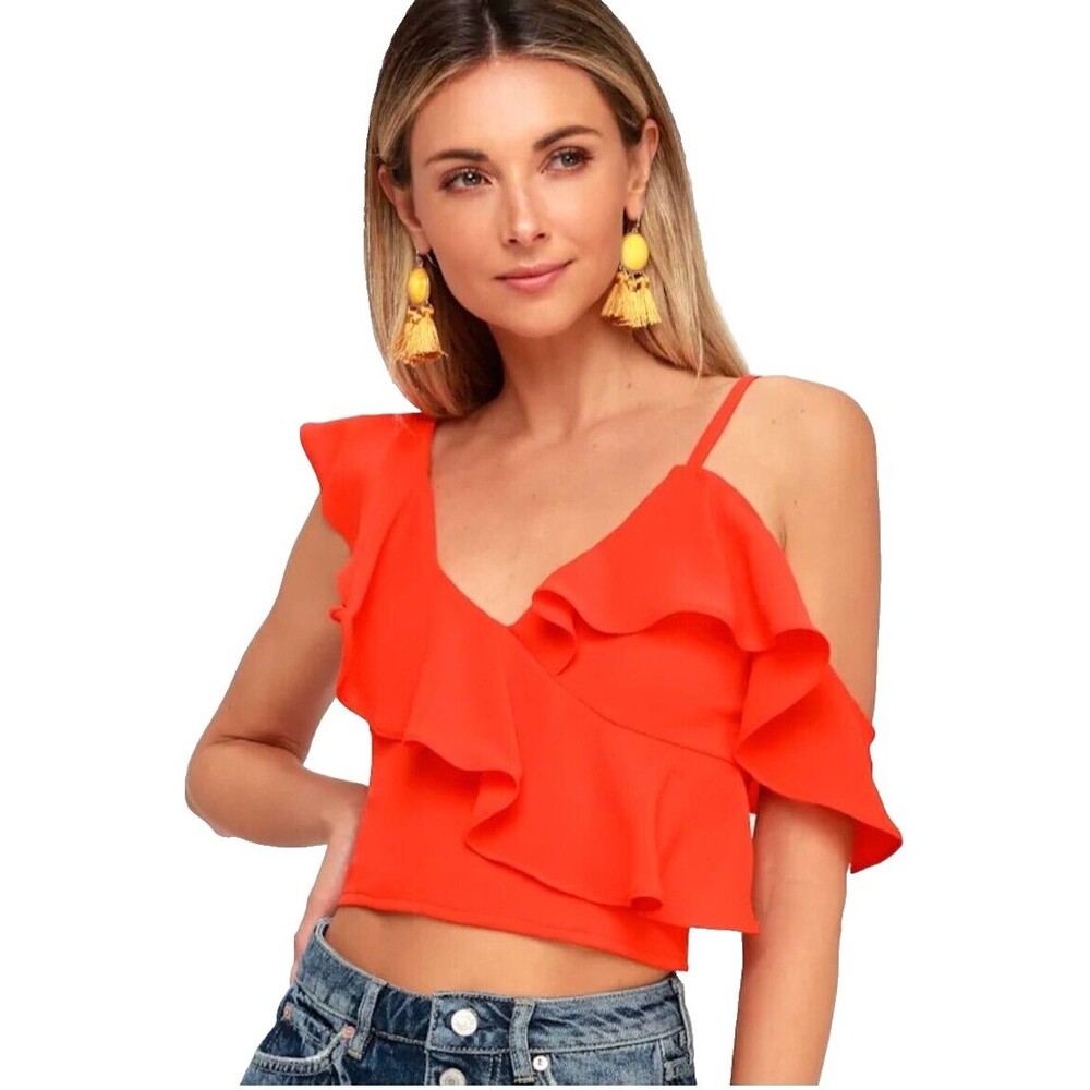 Lulus Ruffle Flounce Crop Top  Womens Size M  Coral Red  Asymmetrical Blouse